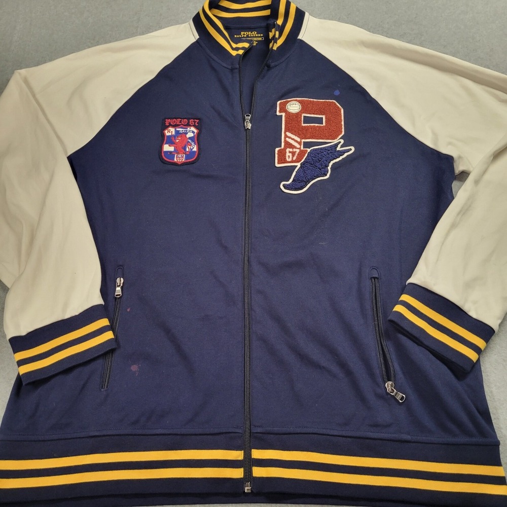 Polo Ralph Lauren Mens XXL Varsity Track Jacket Navy Blue Yellow Full Zip Patch